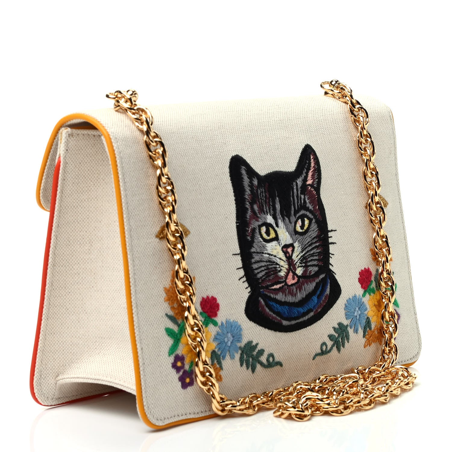 Gucci Linen Canvas Embroidered Small Shoulder Bag White 2 of 9