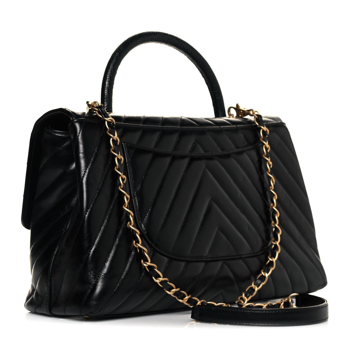 Calfskin Lizard Chevron Quilted Medium Coco Handle Flap Black