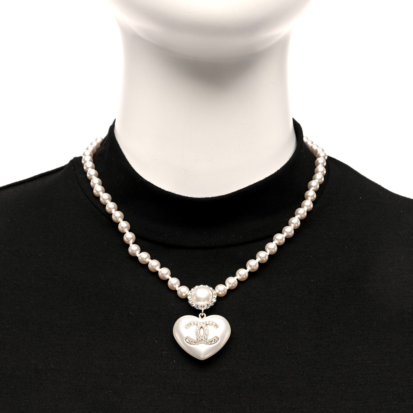 Pearl Crystal CC Heart Short Necklace Pearly White Gold