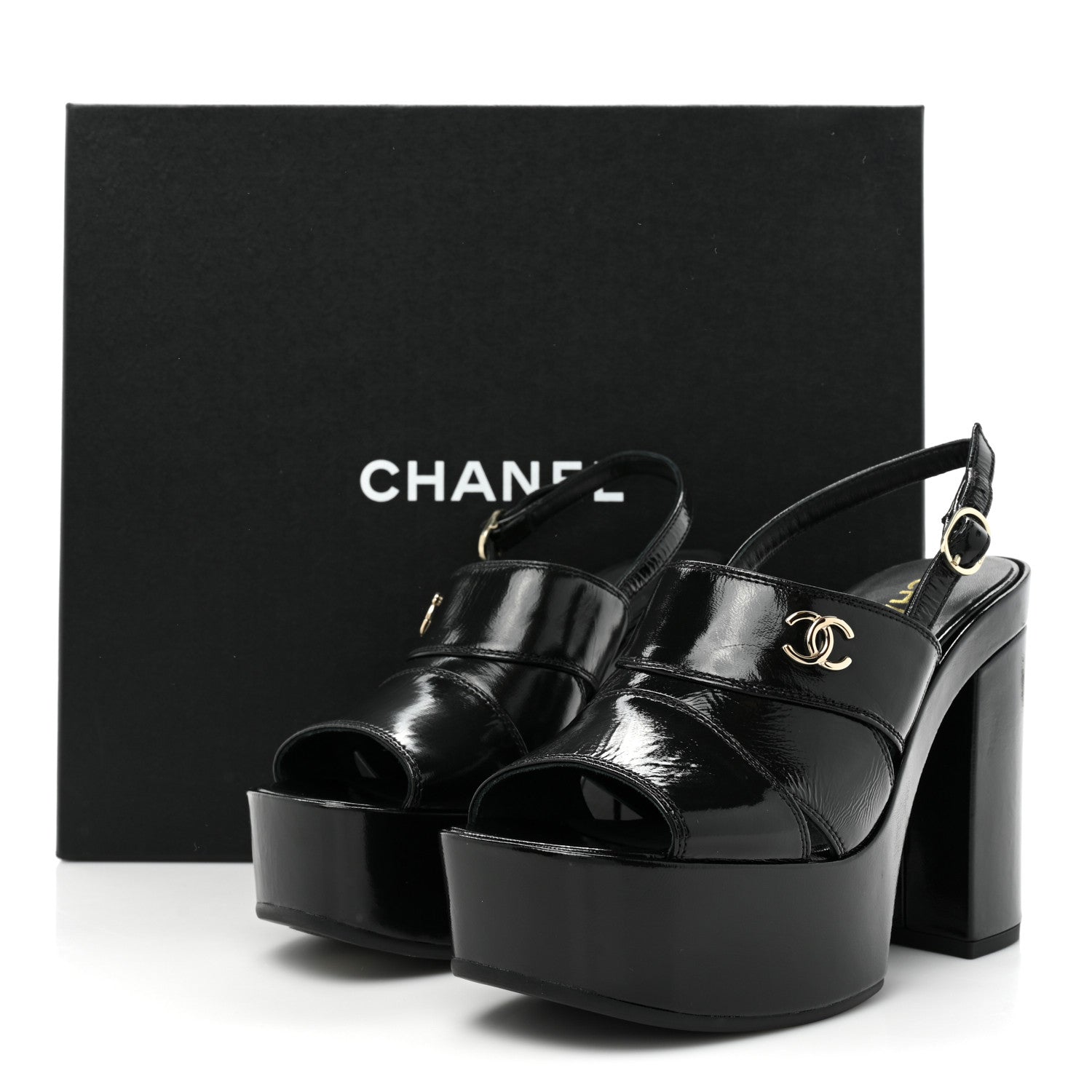 Chanel Crumpled Patent Lambskin Platform Sandals 36 Black 9 of 9