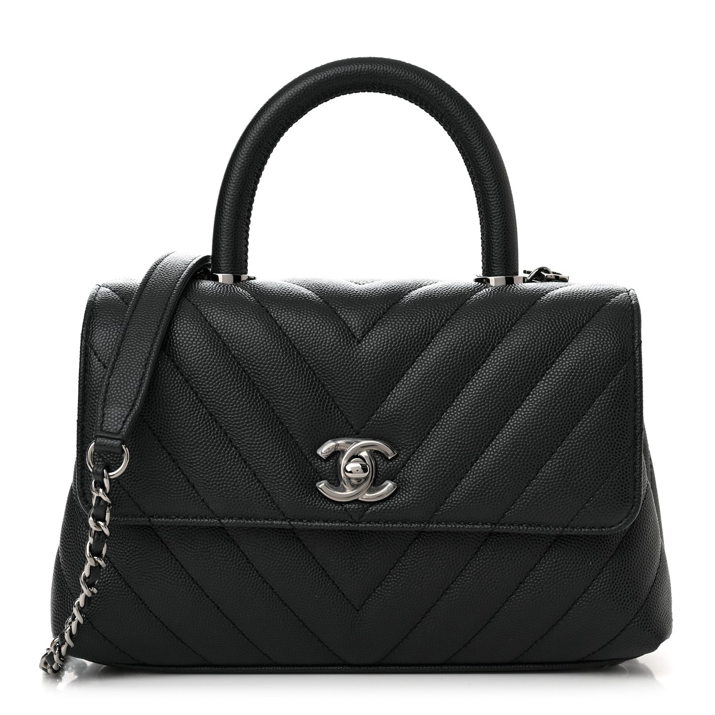 Caviar Chevron Quilted Mini Coco Handle Flap Dark Grey