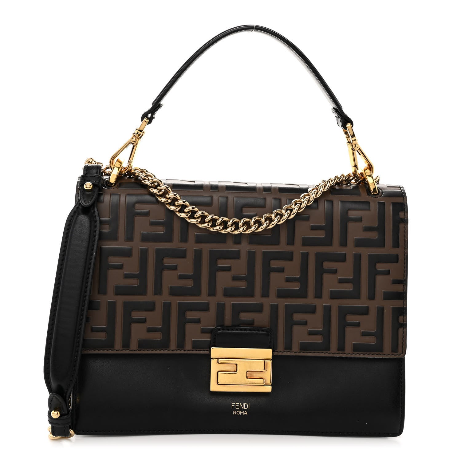 Fendi Vitello Liberty Bi-Color FF 1974 Embossed Chain Strap Kan U Shoulder Bag Black Maya 1 of 9