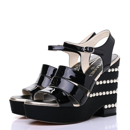 Chanel Patent Calfskin Grosgrain Pearl CC Wedge Sandals 38.5 Black 3 of 9