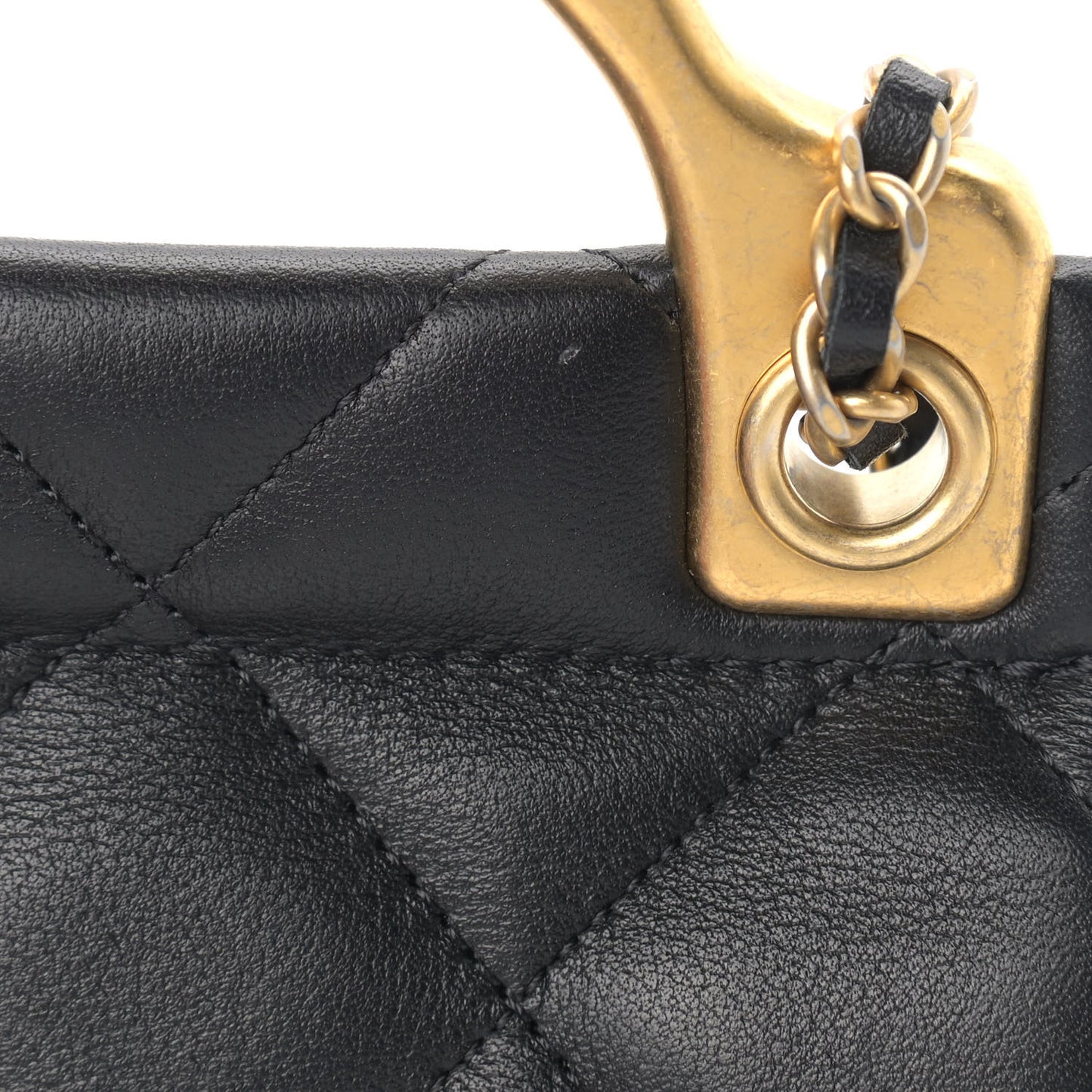 Calfskin Quilted Lady Handle Flap Card Holder With Chain Black