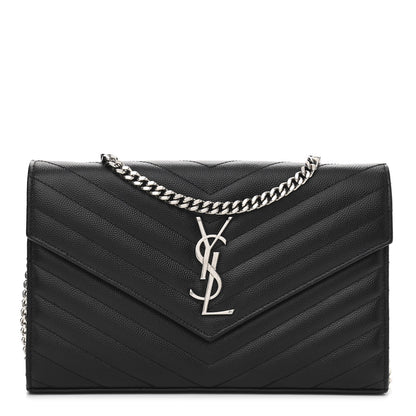 Saint Laurent Grain De Poudre Matelasse Chevron Monogram Chain Wallet Black 1 of 10