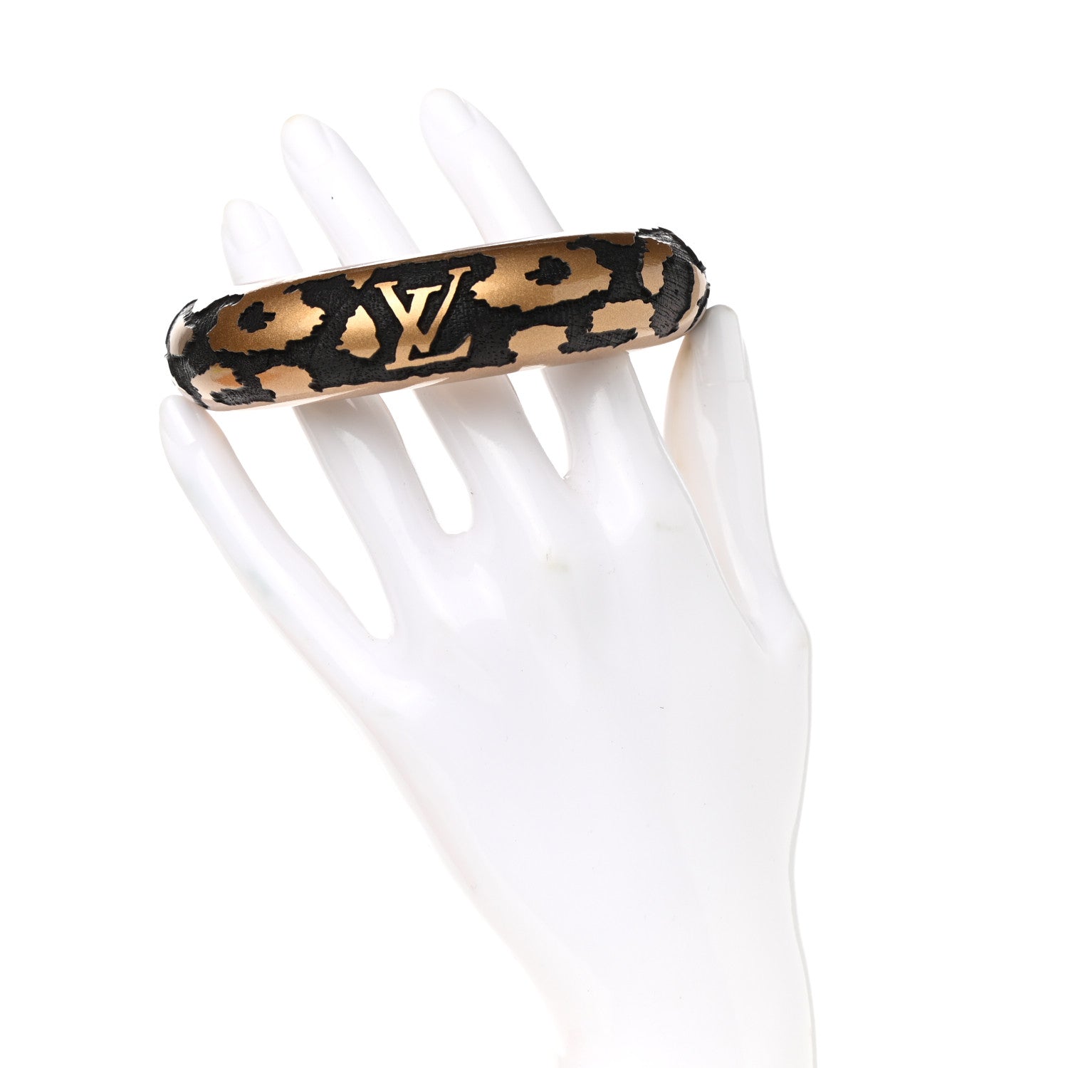 Louis Vuitton Lacquer Wood Leomonogram Wide Bangle Bracelet Gold 2 of 6