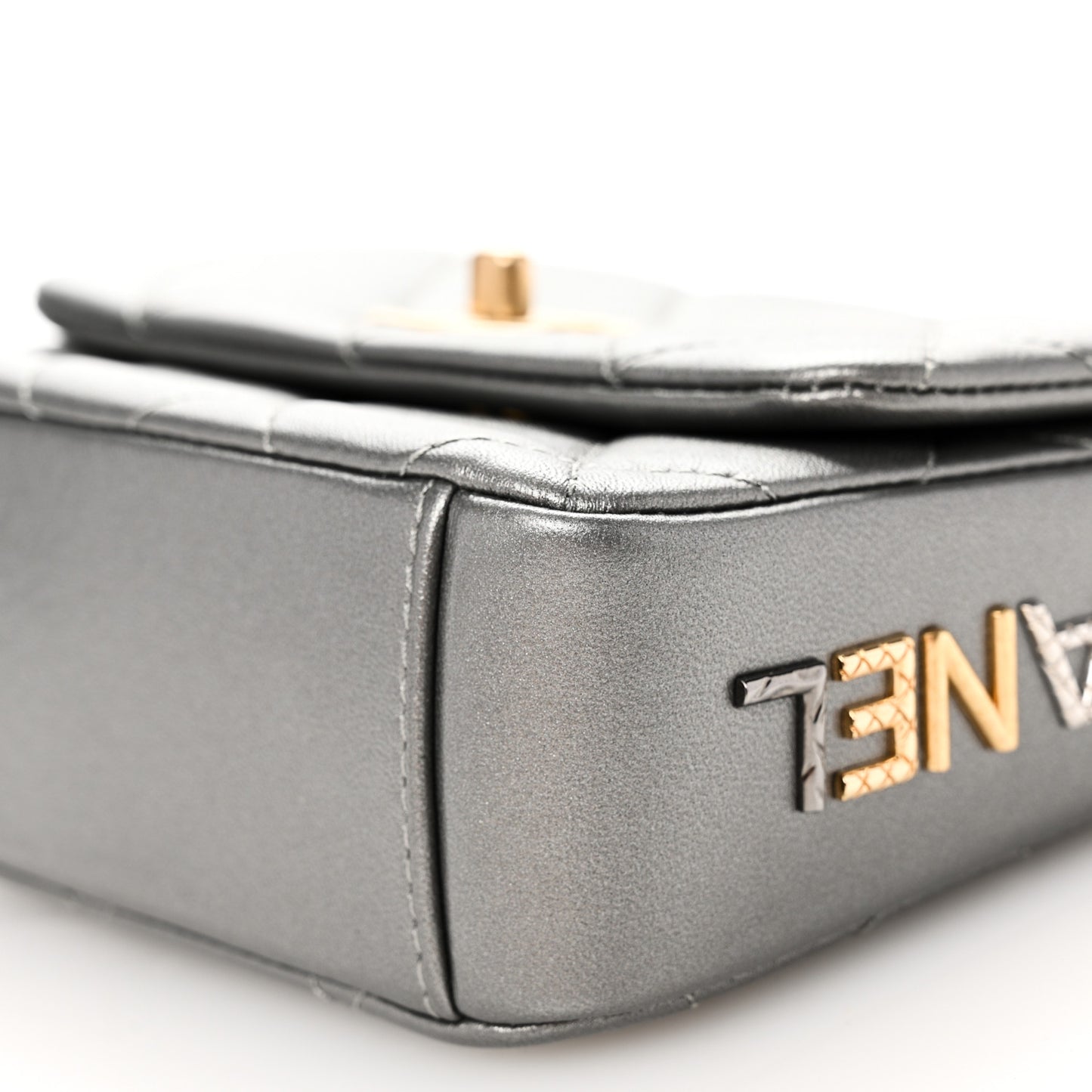 Metallic Lambskin Quilted Mini Side Note Flap Grey