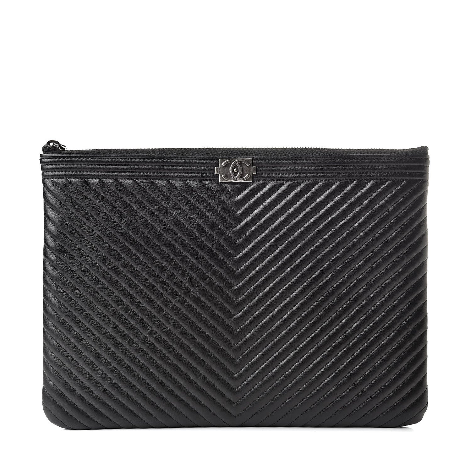 Calfskin Chevron Boy Zip Pouch Black