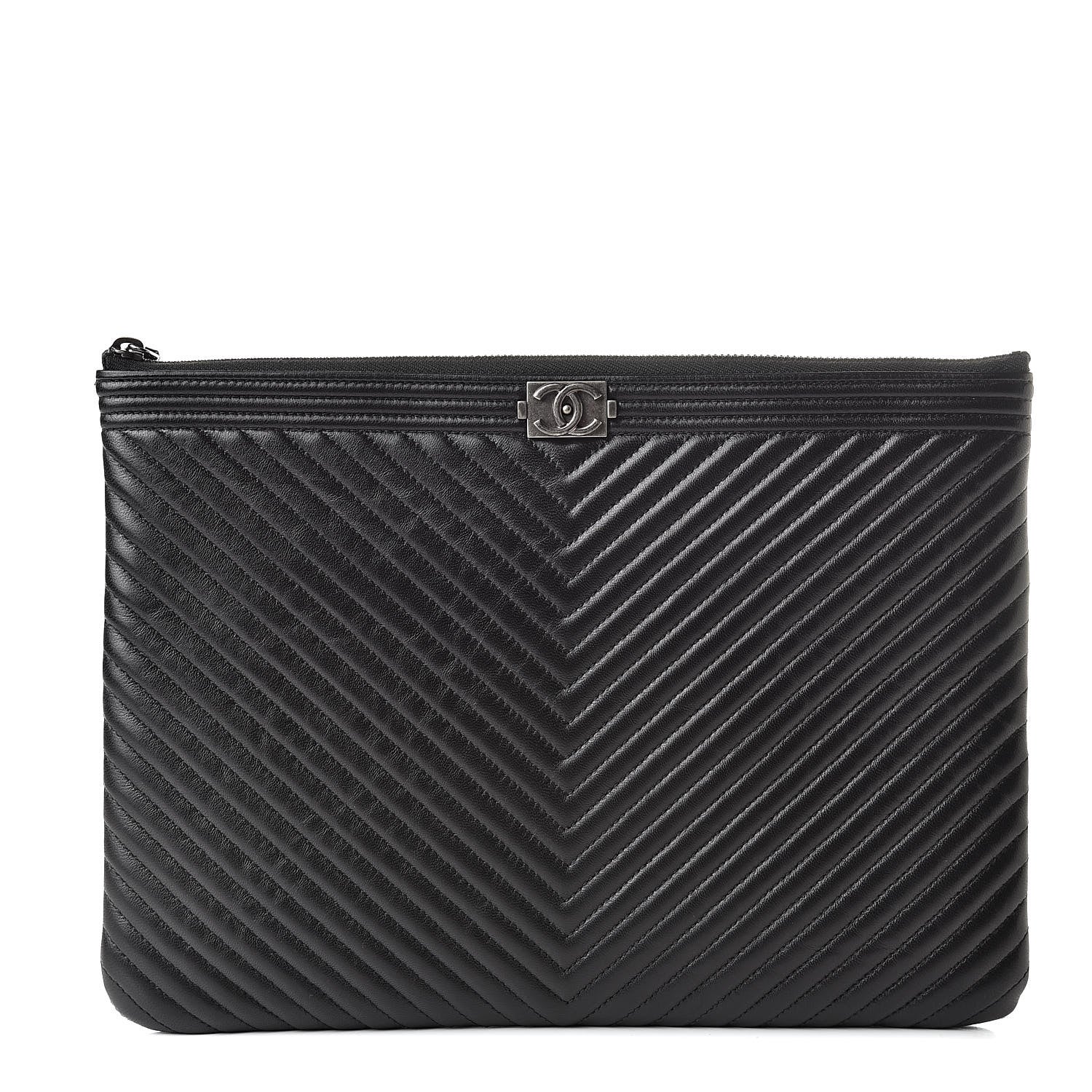 Chanel Calfskin Chevron Boy Zip Pouch Black 1 of 8