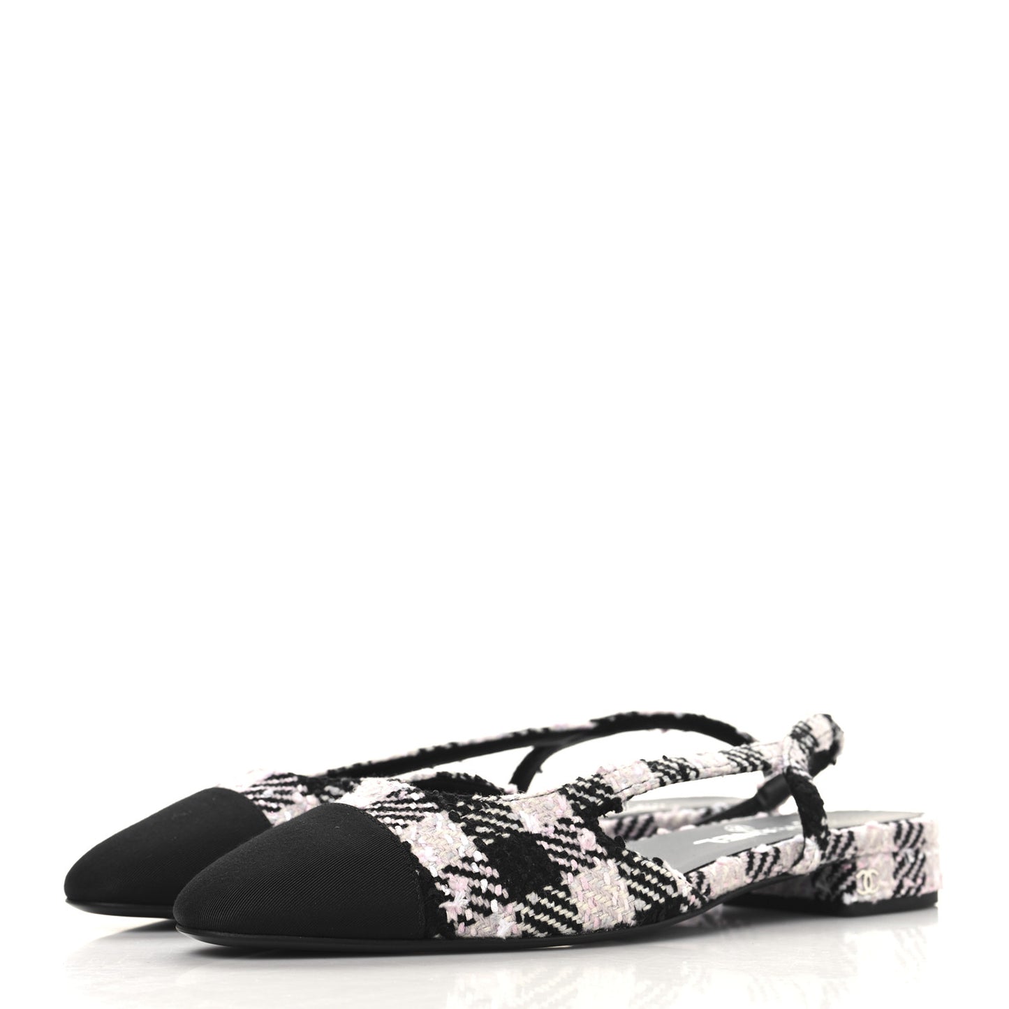 Tweed Cap Toe CC Slingback Flats 41 Black Pink White