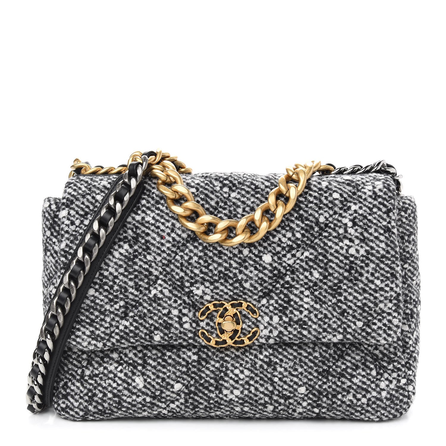 Chanel Tweed Quilted Large Chanel 19 Flap Black White 1 of 10
