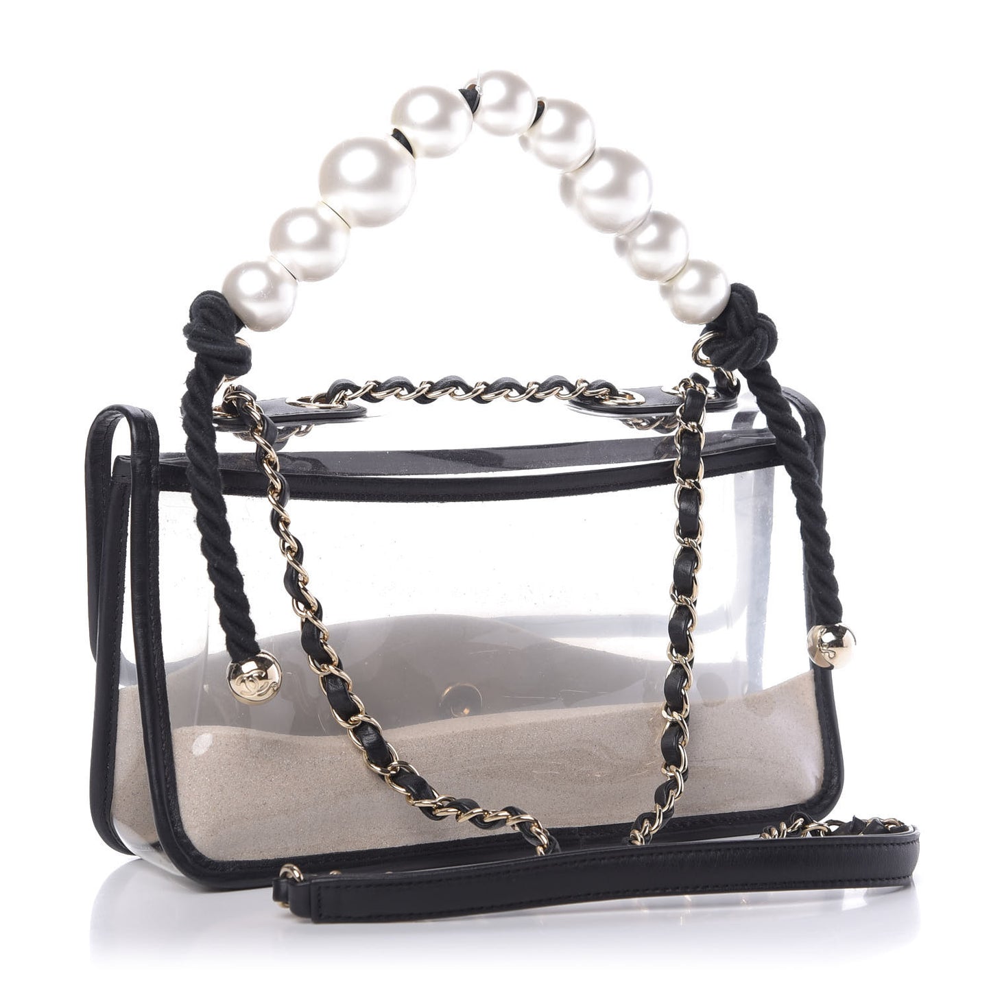 Lambskin PVC Sand By The Sea Flap With Pearl Strap Black