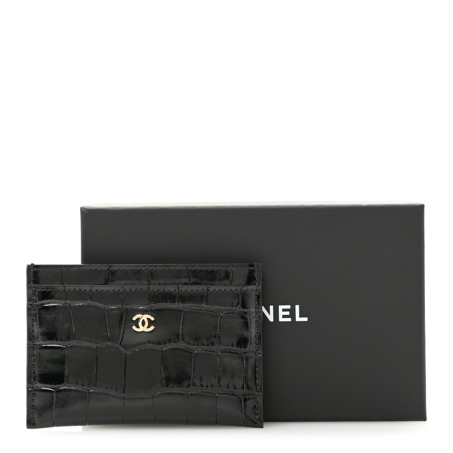 Calfskin Crocodile Embossed Crococo Card Holder Black