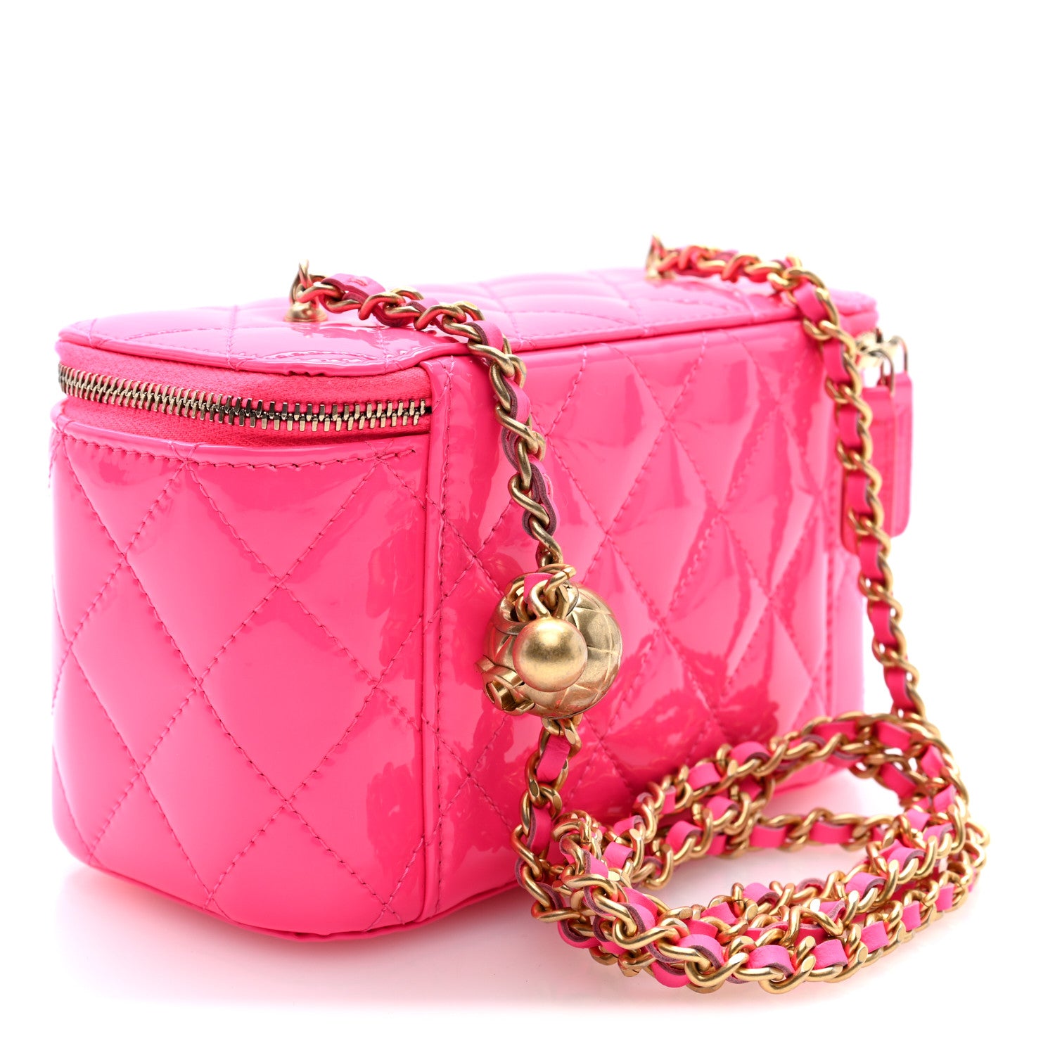 Chanel Patent Quilted Pearl Crush Small Vanity Case With Chain Neon Pink 3 of 10