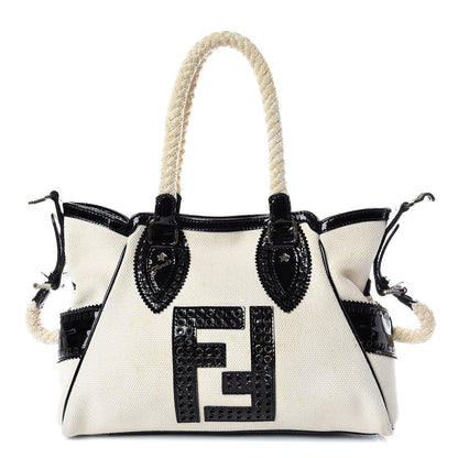 Fendi Canvas Patent Grommet De Jour Tote Natural 1 of 15