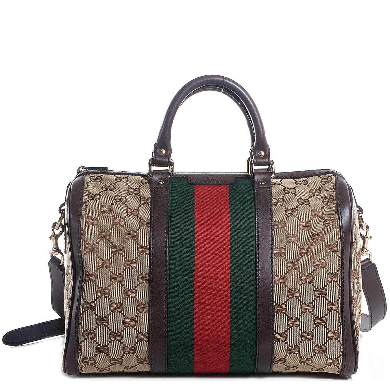Gucci Monogram Selleria Calfskin Vintage Web Medium Boston Beige Ebony Cocoa 1 of 7