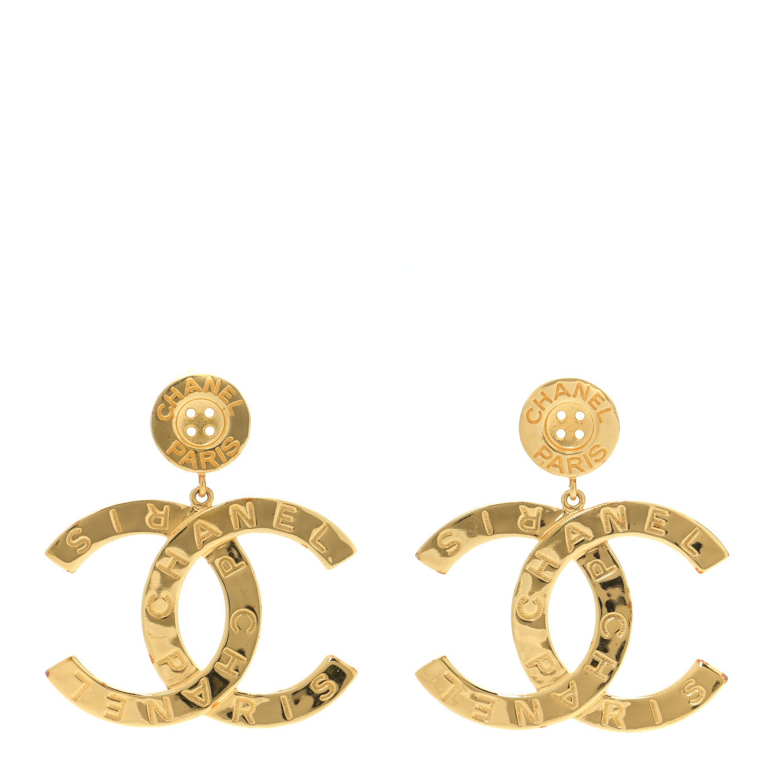 Chanel Metal Large Paris Button Earrings Gold 1 of 5