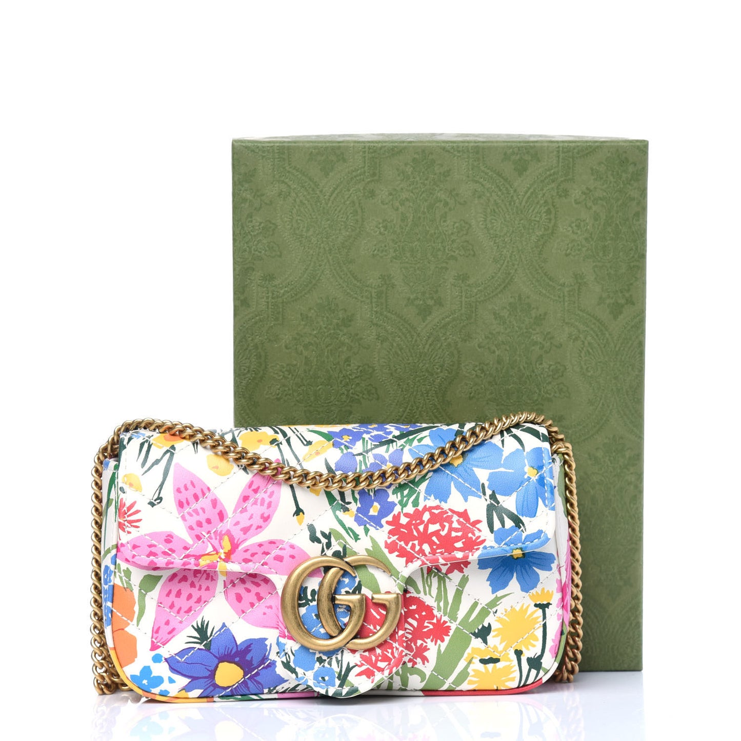 X KEN SCOTT Calfskin Matelasse Floral Print Super Mini GG Marmont Shoulder Bag Ivory Pink