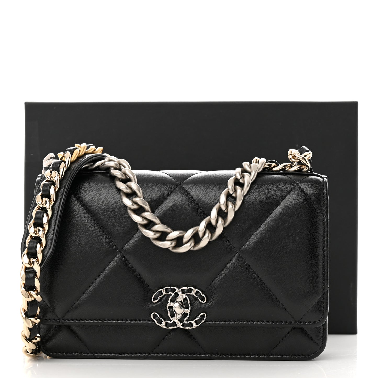Lambskin Quilted Chanel 19 Wallet On Chain WOC Black