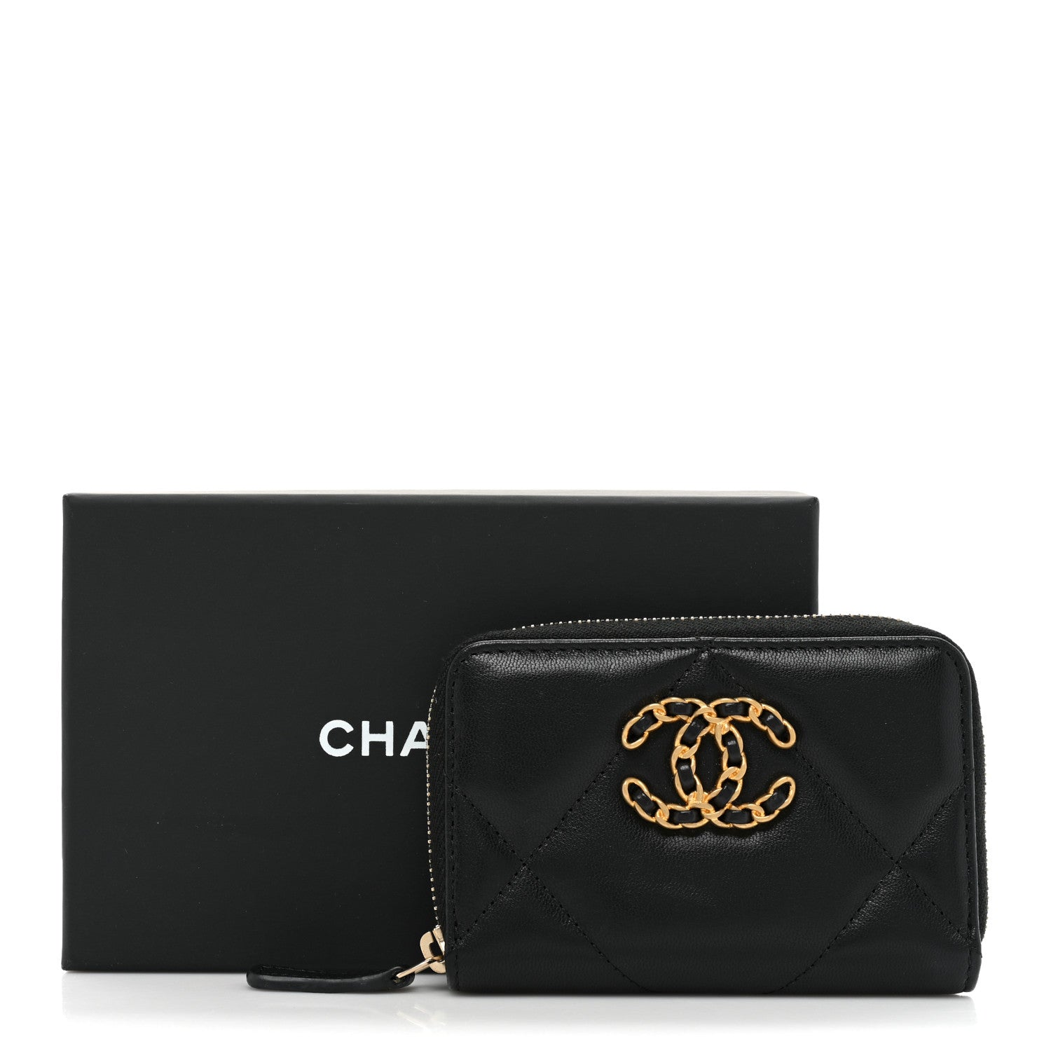Chanel Lambskin Quilted Chanel 19 Zip Around Coin Purse Wallet Black 12 of 12