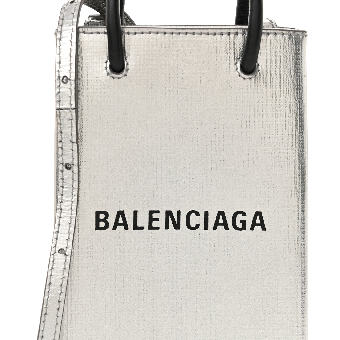 Metallic Textured Calfskin Logo Shopping Phone Holder Bag Silver