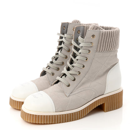 Chanel Suede Calfskin Velvet Quilted CC Combat Boots 38.5 Grey 3 of 8