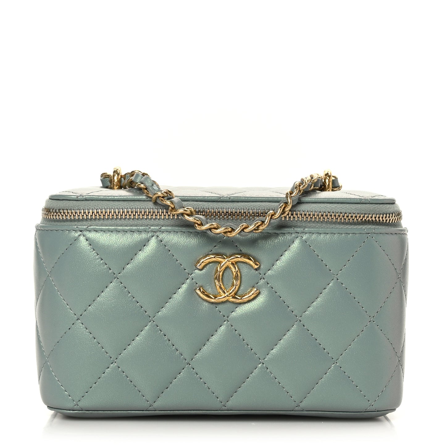 Metallic Lambskin Quilted Small CC Dynasty Vanity Case With Chain Grey