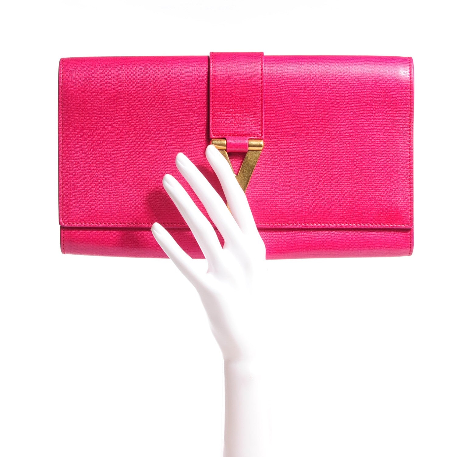 Saint Laurent Textured Calfskin Large Classic Y Clutch Fuchsia 2 of 7