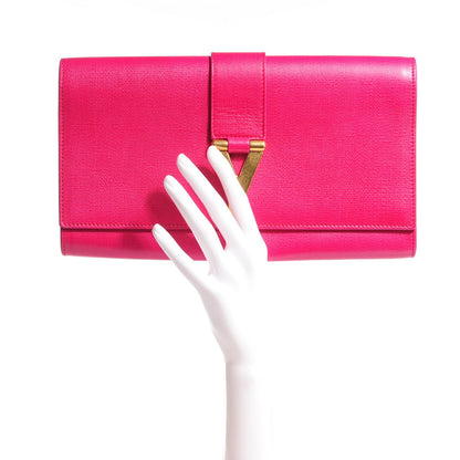 Saint Laurent Textured Calfskin Large Classic Y Clutch Fuchsia 2 of 7