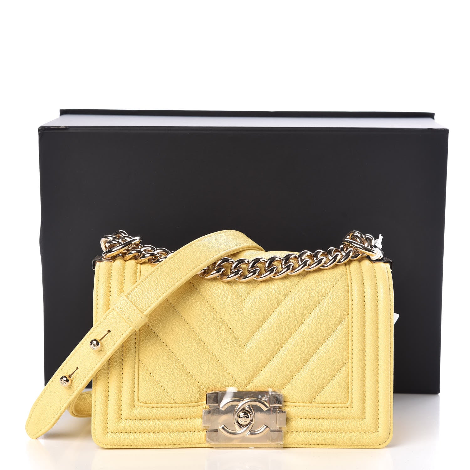 Chanel Caviar Chevron Quilted Small Boy Flap Yellow 10 of 10