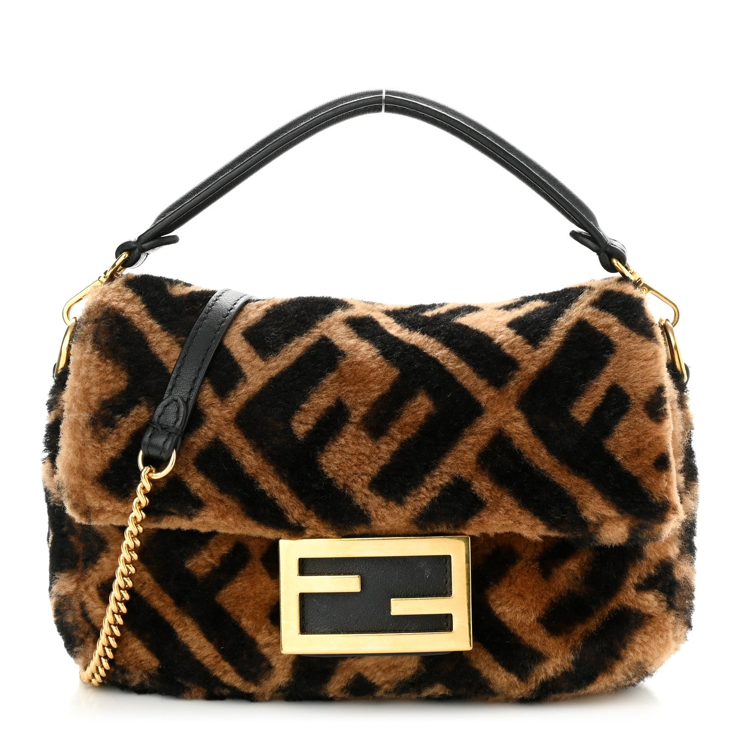 Fendi Shearling Vitello Dolce Macro FF 1974 Mini Baguette Tobacco Black 1 of 11
