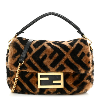 Fendi Shearling Vitello Dolce Macro FF 1974 Mini Baguette Tobacco Black 1 of 11