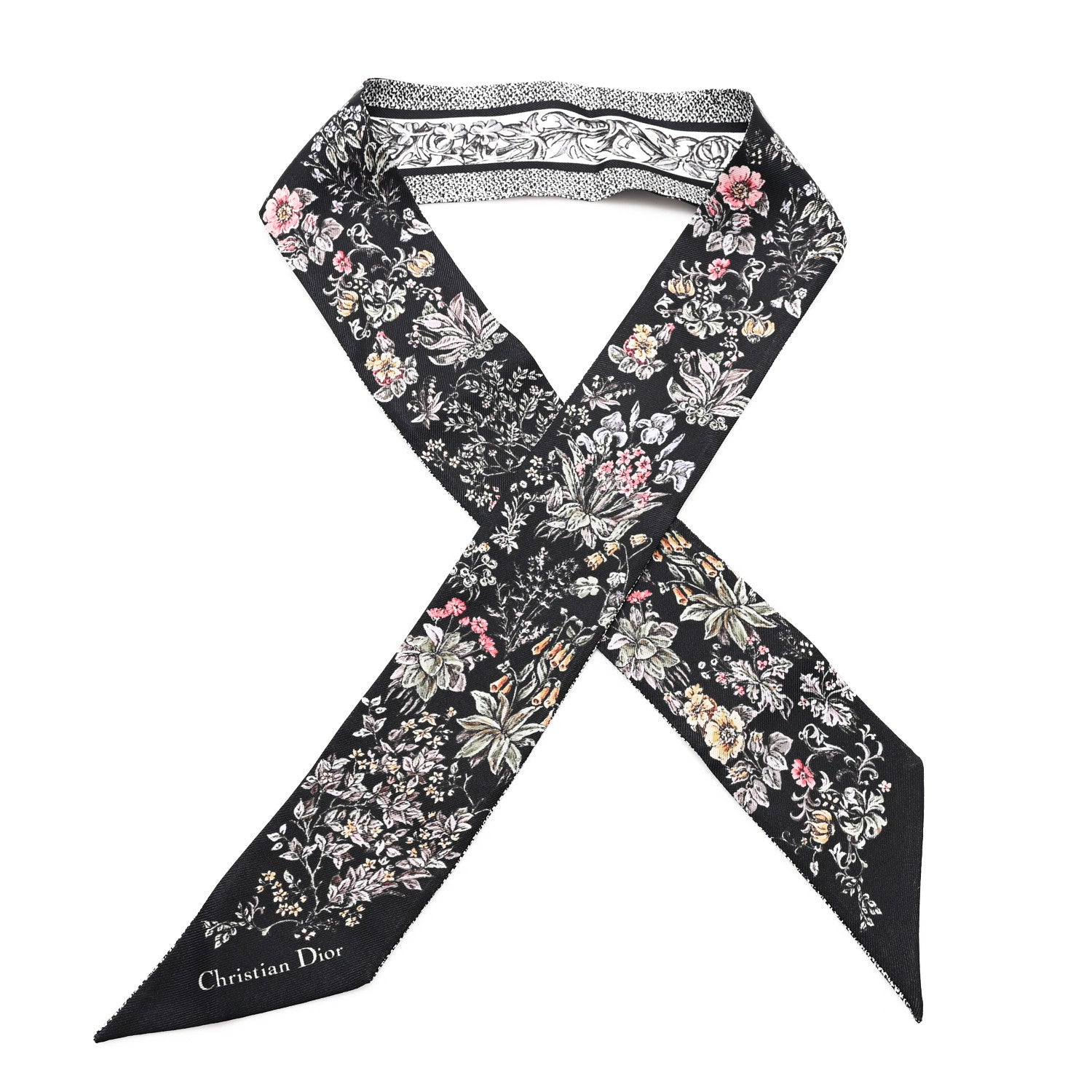 Christian Dior Silk Twill D-Floral Mitzah Scarf Black Multicolor 1 of 3