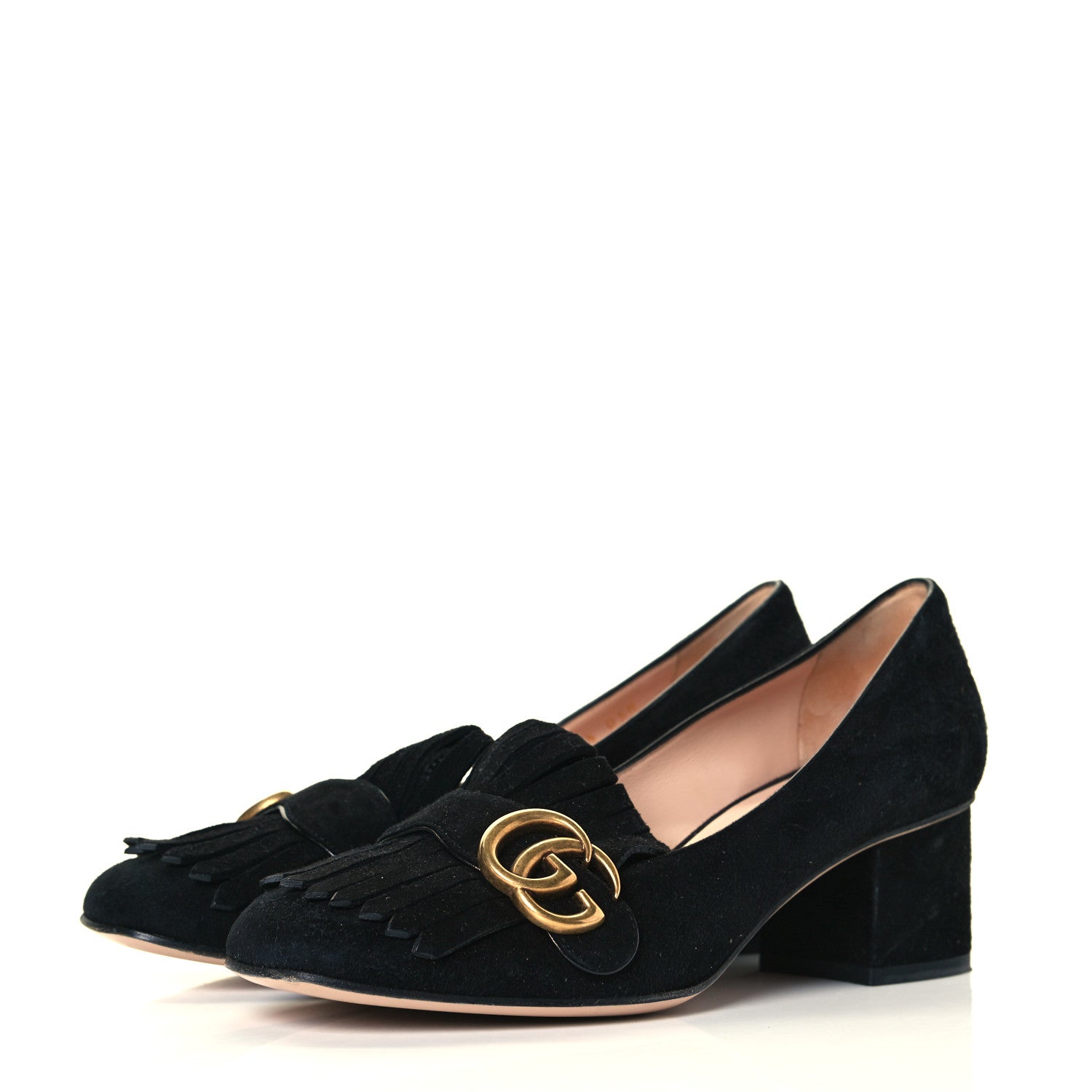 Gucci Kid Scamosciato GG Marmont Fringe 50mm Loafer Pumps 37.5 Black 3 of 12