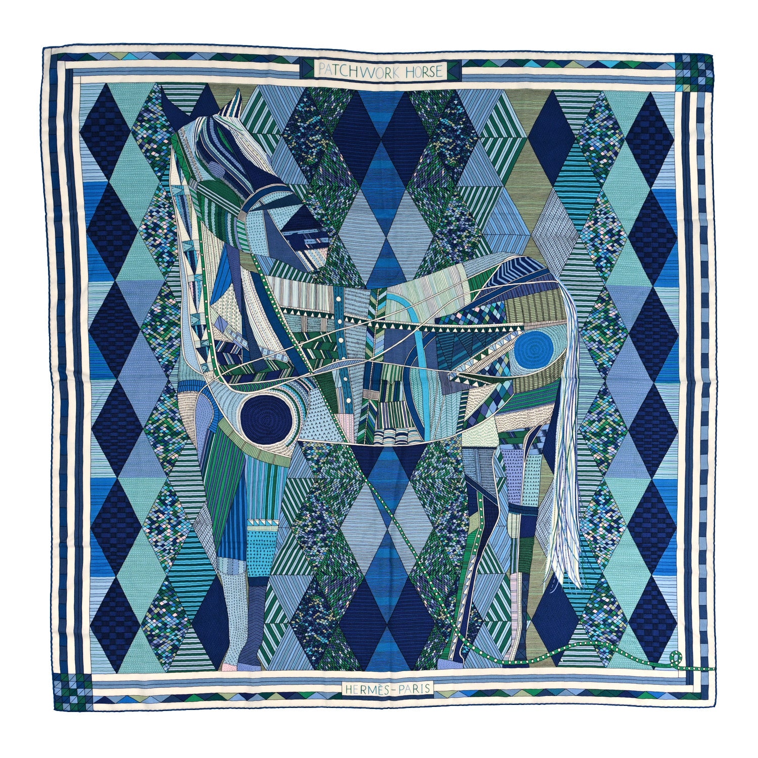 Hermes Cashmere Silk Patchwork Horse Shawl 140 Turquoise Vert Bleu 1 of 4