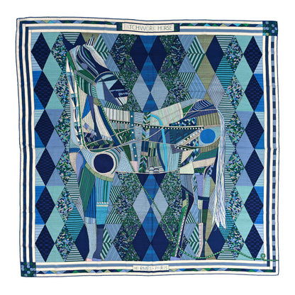 Hermes Cashmere Silk Patchwork Horse Shawl 140 Turquoise Vert Bleu 1 of 4
