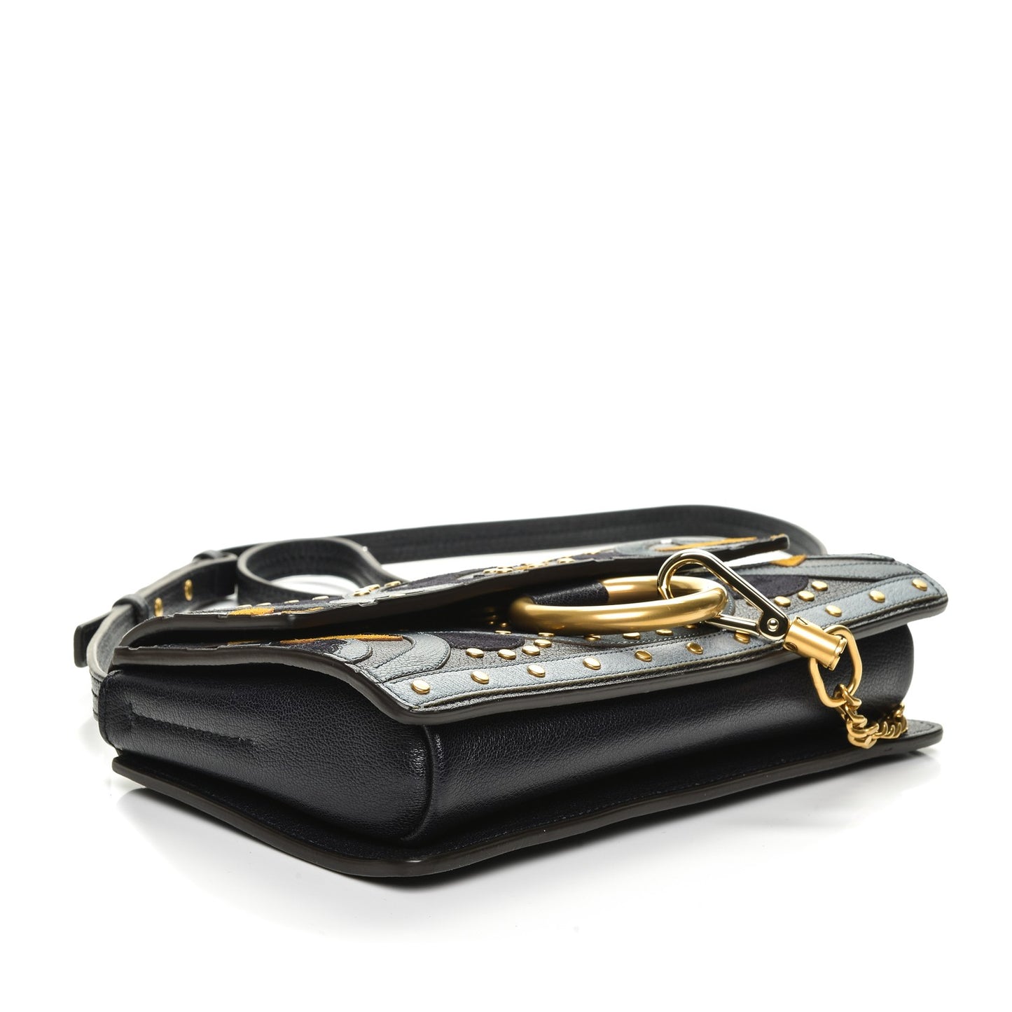 Calfskin Suede Floral Patchwork Studded Small Faye Shoulder Bag Full Blue