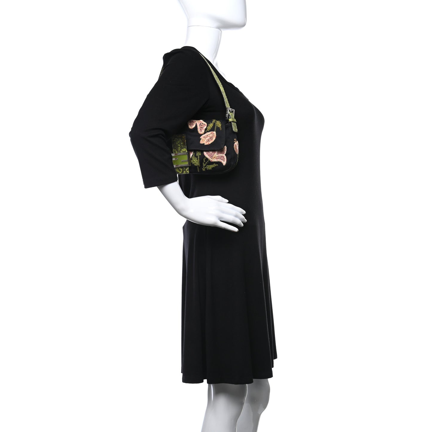 Canvas Lizard Embroidered Flower Baguette Black Multicolor