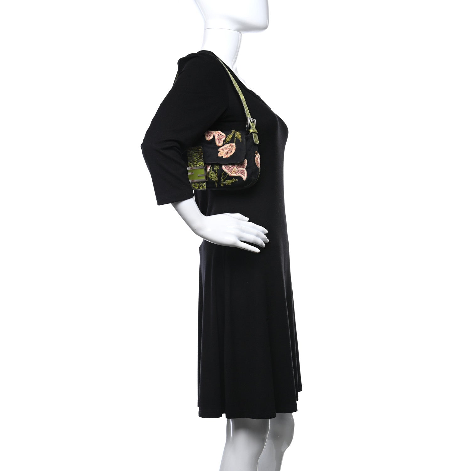 Fendi Canvas Lizard Embroidered Flower Baguette Black Multicolor 2 of 12