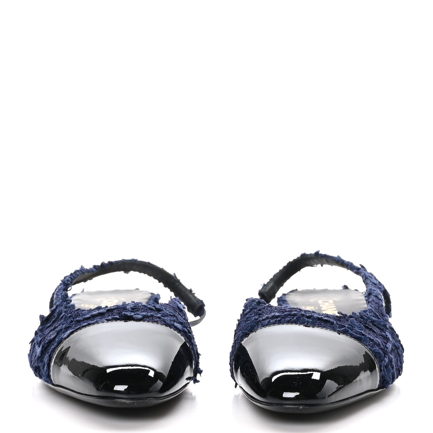Chanel Tweed Patent Calfskin Cap Toe CC Slingback Flats 41 Navy Black 2 of 9
