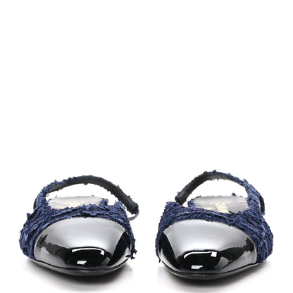 Chanel Tweed Patent Calfskin Cap Toe CC Slingback Flats 41 Navy Black 2 of 9