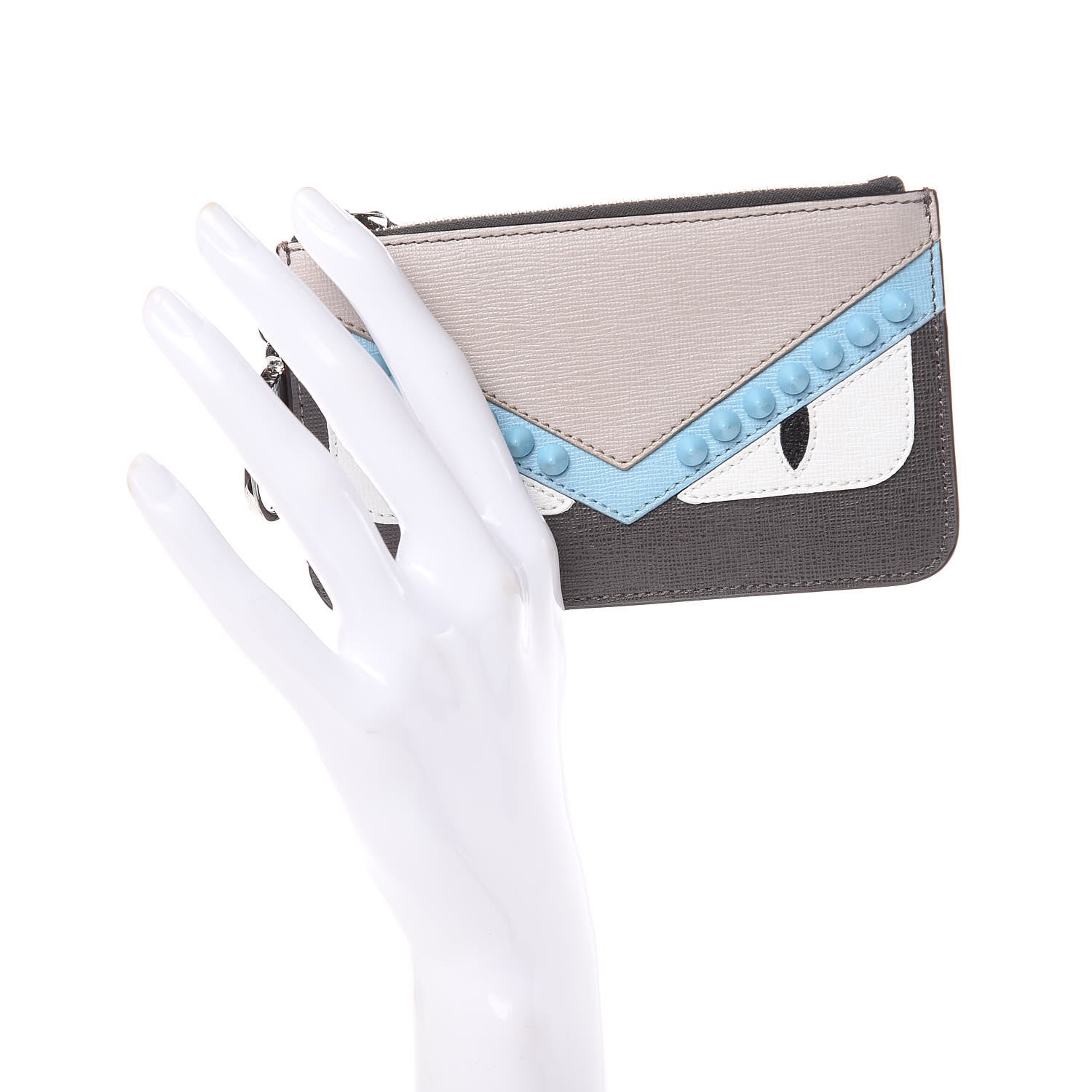 Fendi Vitello Elite Monster Eyes Studded Coin Pouch Key Case Carbone White Multicolor 2 of 7