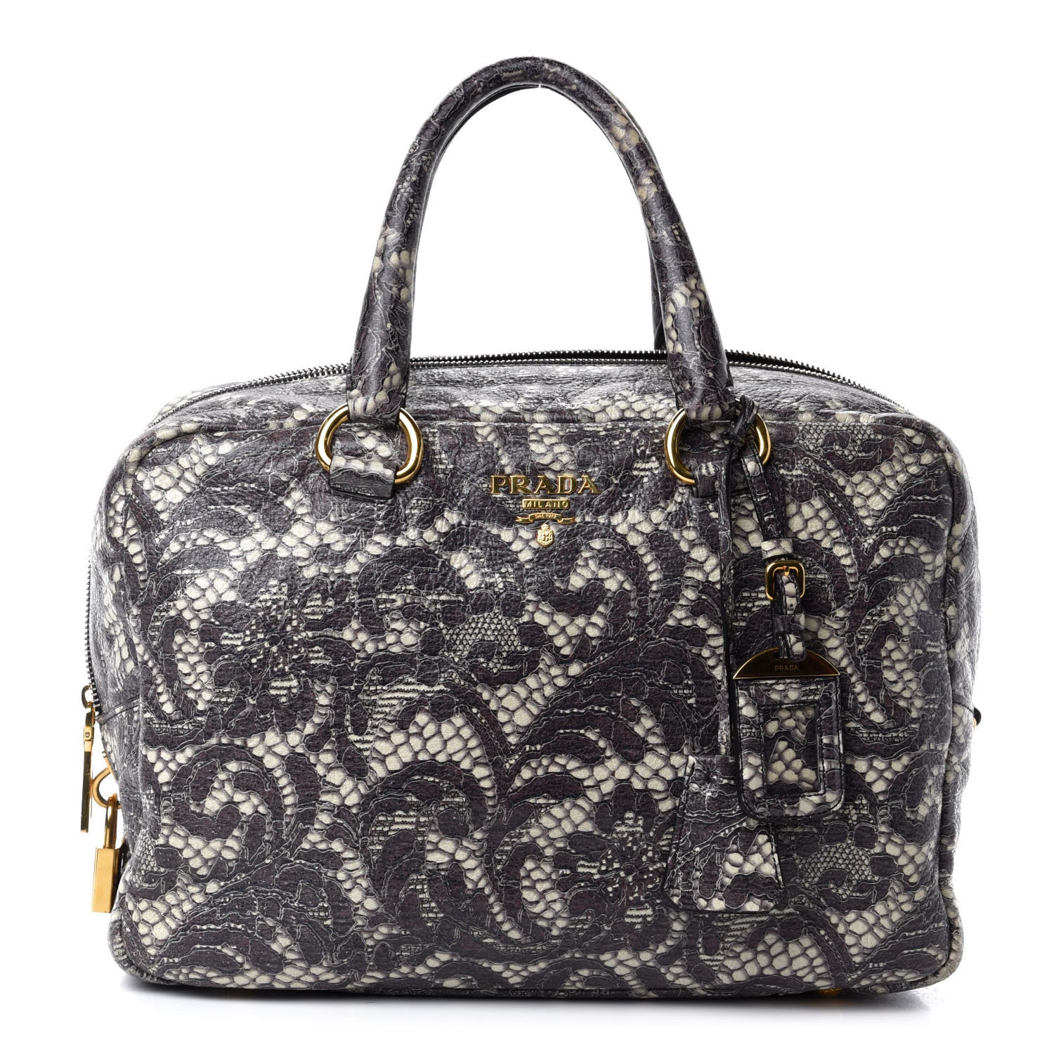 Prada Cervo Lux Print Lace Bauletto Bag Talco 1 of 13