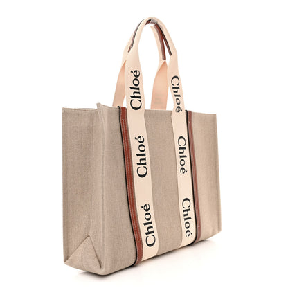 Chloe Linen Calfskin Large Woody Ribbon Tote White Brown 3 of 10