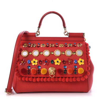Dolce & Gabbana Calfskin Embellished Medium Miss Sicily Satchel Red 1 of 7