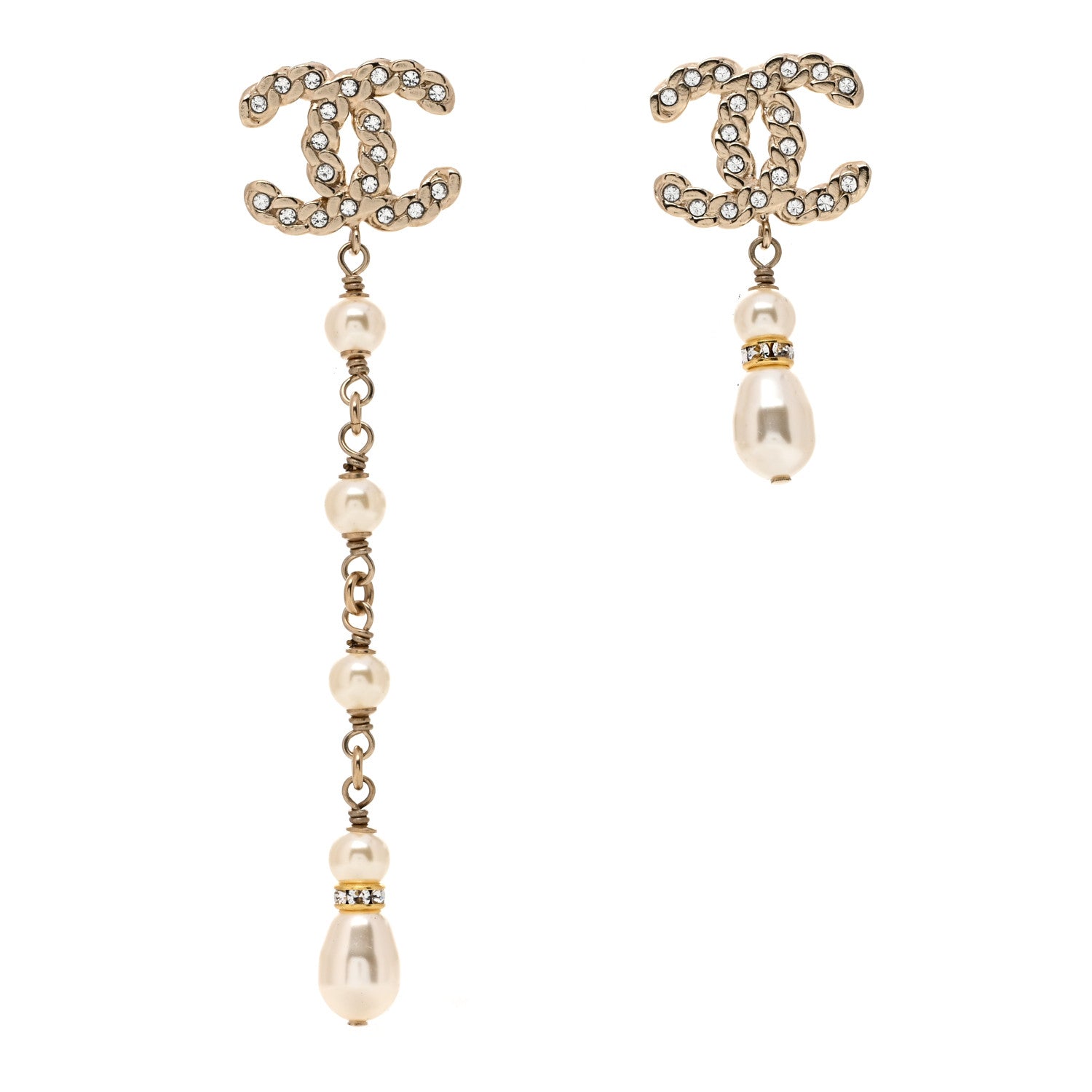 Chanel Pearl Crystal CC Uneven Drop Earrings Gold 1 of 4