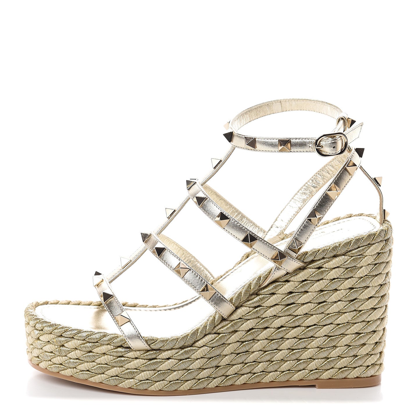 Metallic Nappa Rockstud Ankle Strap Torchon Espadrille Caged 25/95mm Wedge Sandals 37 Platino