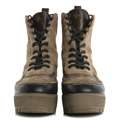 Louis Vuitton Suede Calfskin Monogram Laureate Platform Desert Boots 37.5 Taupe 3 of 17