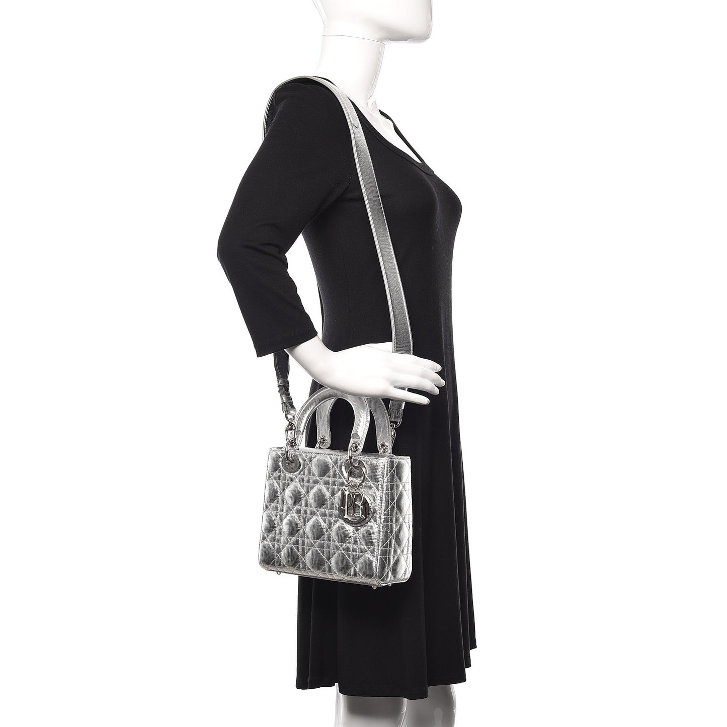 Metallic Grained Calfskin Cannage Small Lucky Badges My Lady Dior Silver