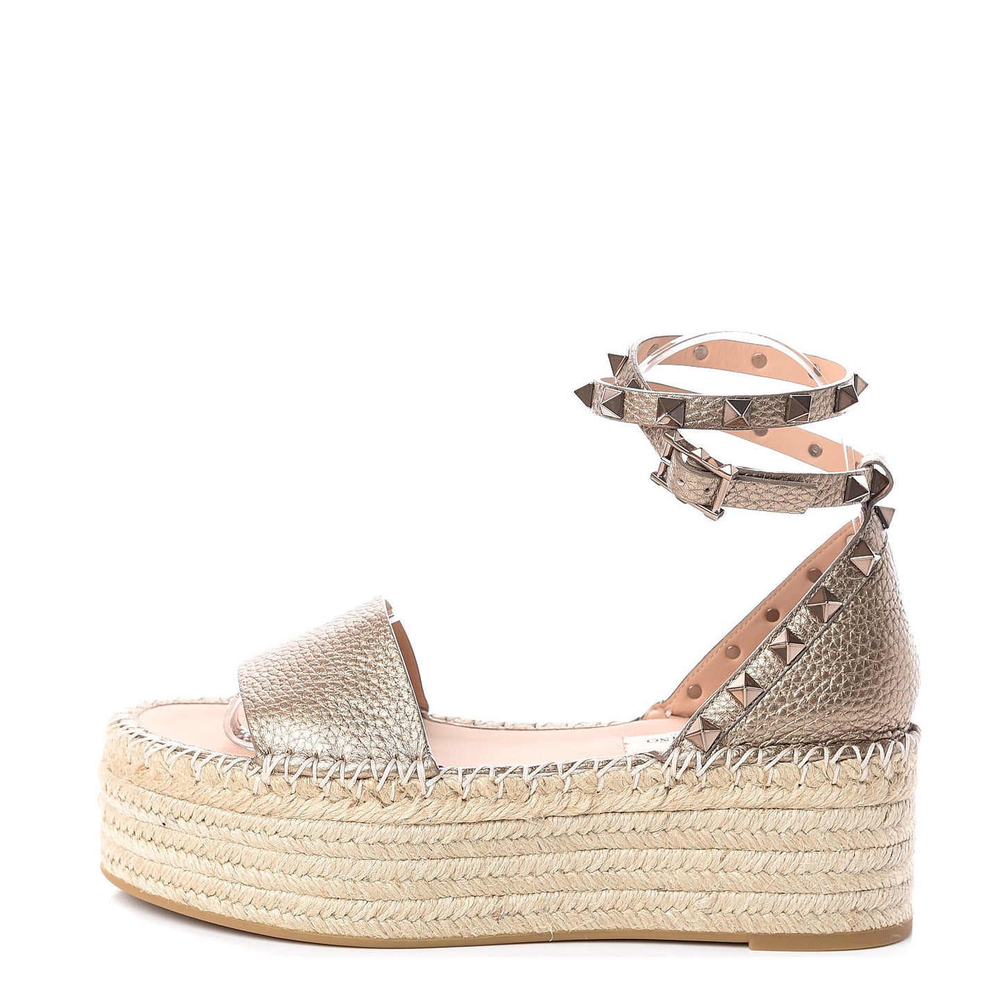 Metallic Grained Calfskin Rockstud Ankle Wrap Espadrille Flatform Sandals 36 Skin Natural